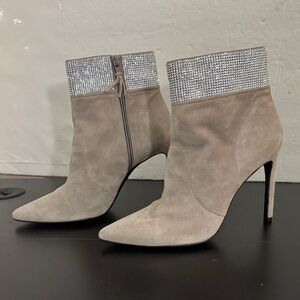 Stuart Weitzman Gray Suede Heeled Boots with Silver Detail crystal leather 10/5